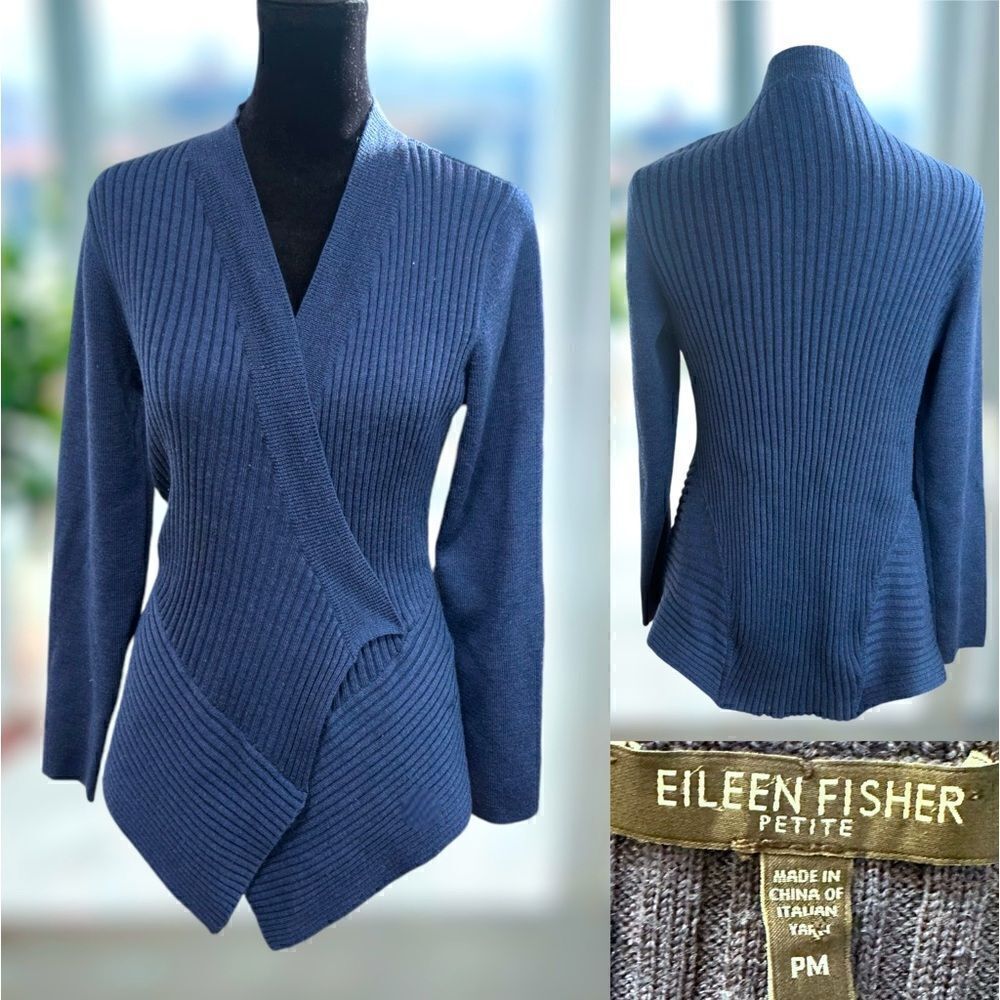 EILEEN FISHER 100% Merino Wool Wrap Ribbed Waterfall Cardigan Size M